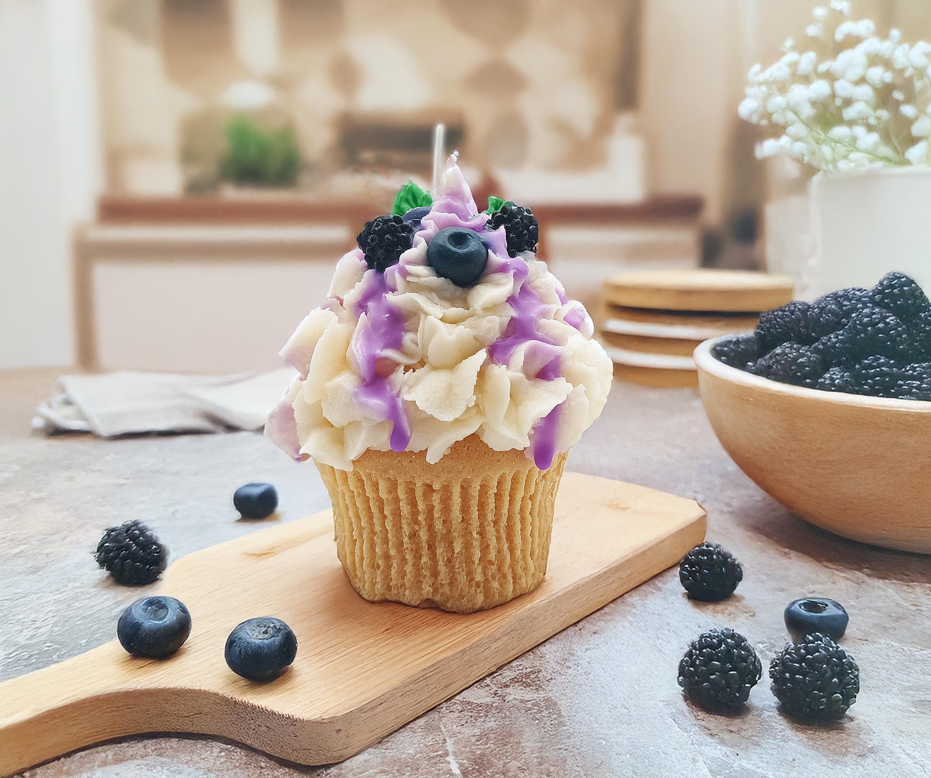 Gourmet Candle in the Shape of a Blackberry and Blueberry Cupcake