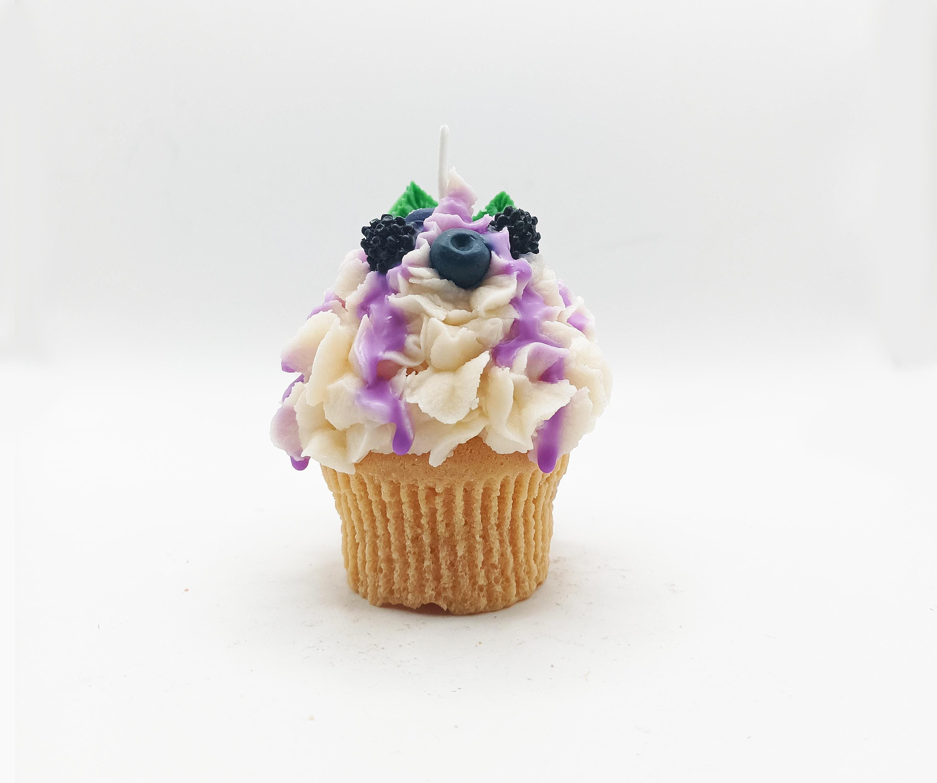 Gourmet Candle in the Shape of a Blackberry and Blueberry Cupcake